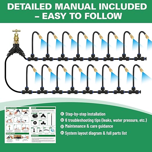 Riboud 110Ft Drip Irrigation System, 2026-Upgrade Garden Watering Kit with 16 Adjustable Copper Rotating Arm Nozzles, 360° Flexible Spray Irrigation Kit for Raised Beds, Lawn, Greenhouse