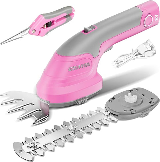 8V Cordless Hedge Trimmer & Grass Shear, 2-in-1 Handheld Shrub Trimmer with 2000mAh Removable Battery, 2 Interchangeable Blades for Bushes, Shrubs & Lawn Edging (Pink)