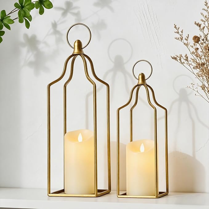 Rustic Farmhouse Decor Metal Lantern Set of 2 Decorative Lanterns for Home Indoor Outdoor Living Room, Fireplace, Patio, Wedding & Kitchen Table Centerpieces (Glod, 16.9" 14.5")
