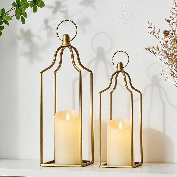 Rustic Farmhouse Decor Metal Lantern Set of 2 Decorative Lanterns for Home Indoor Outdoor Living Room, Fireplace, Patio, Wedding & Kitchen Table Centerpieces (Glod, 14.5" 12.2")