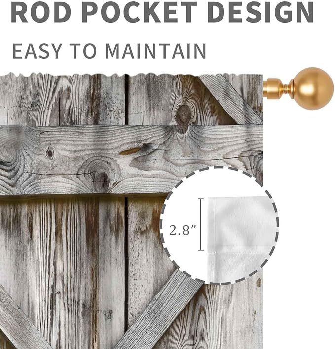 Rustic Wooden Curtains, Farmhouse Gray Barn Door Country Cottage Western Barnwood Garage Printed Blackout Window Drapery Treatments for Kitchen Living Room Bedroom Cafe, 42"x45" Inch