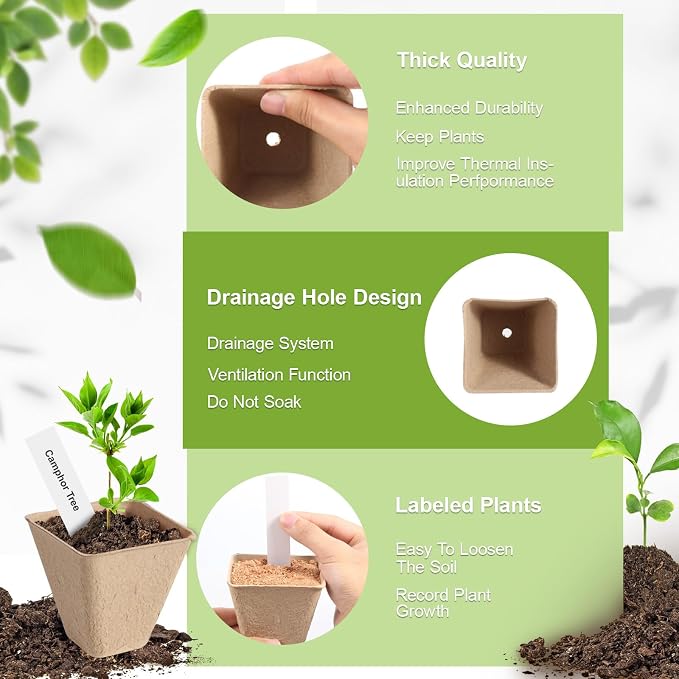 KOAMLY 36 Pcs 3in Square Peat Nursery Pots, Biodegradable Herb Seed Nursery Pot Kits, Seedling Pots, Outdoor Garden Sprouting Peat Pots with 36 Plant Tags