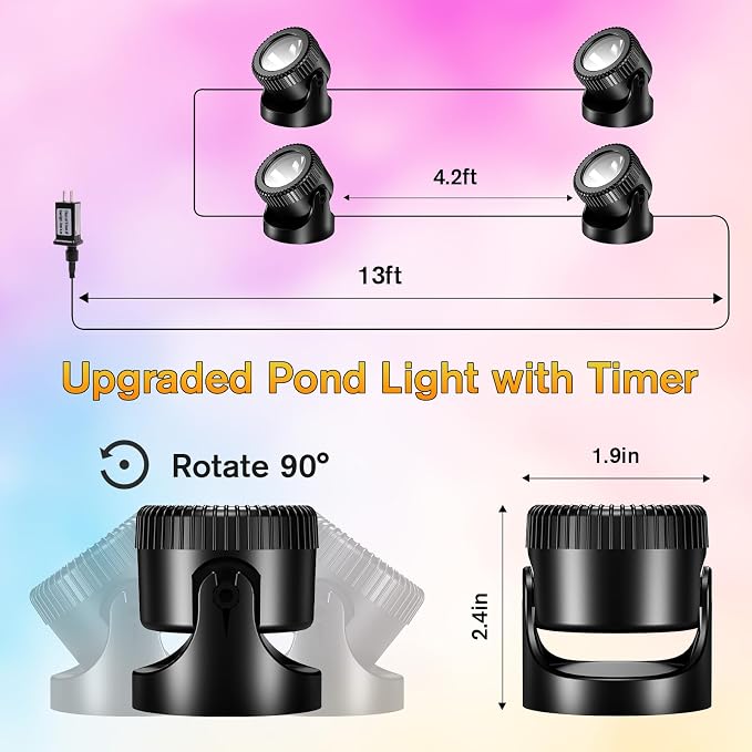 POPOSOAP Pond Lights 4-in-1 Warm White, Underwater Pond Lights with Timer/ IP68 Waterproof Submersible LED Fountain Lights for for Pond Waterfall Fountain Aquarium Garden Patio Pool(Set of 4)-P64H