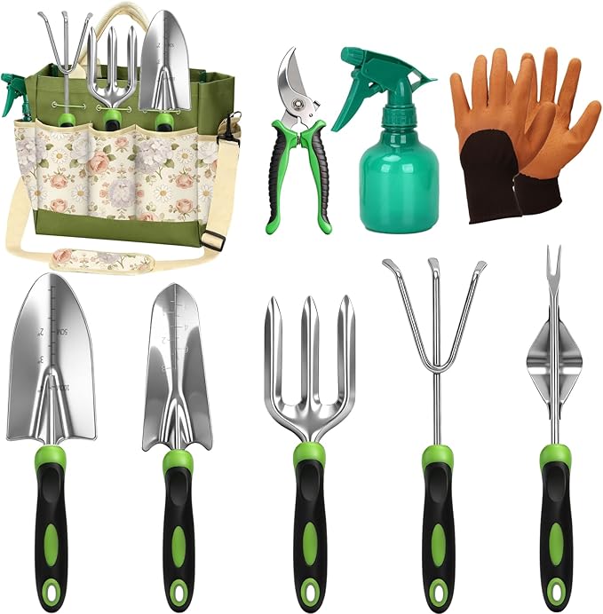 Garden Tool Set with Floral Bag,9-Piece Stainless Steel Gardening Hand Tool with Rubber Non-Slip Handle,Yard Tools Gifts for Women & Seniors,for Planting, Weeding & Seedling Transplanting