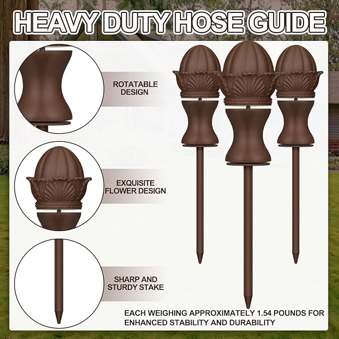 Tandefio 3 Pcs Garden Hose Guide Stake 12 Inch Heavy Duty Resin Hose Guide Stake Decorative with Flower Design for Yards Gardens Pathways and Lawns (Brown)