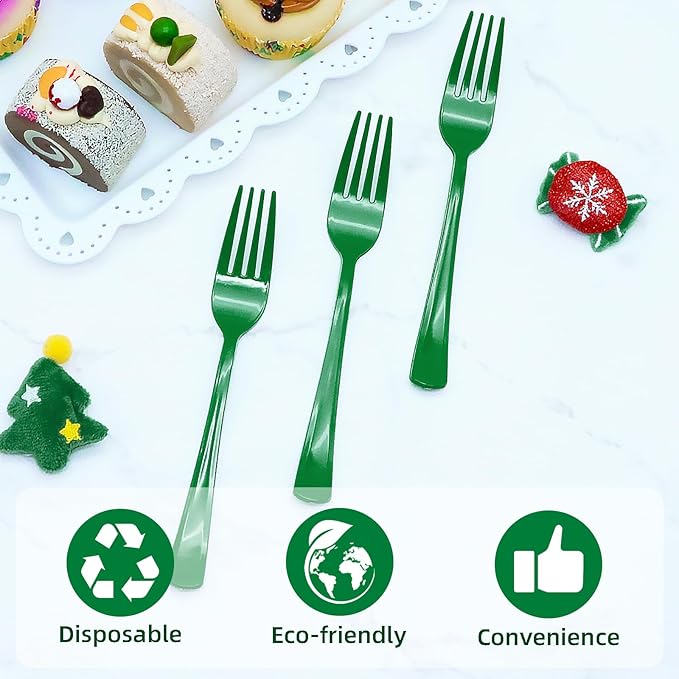 100 Pcs Green Plastic Forks Green Plastic Silverware Disposable Cutlery Heavy Duty 100 Forks for Birthday, Picnic, Wedding, Christmas