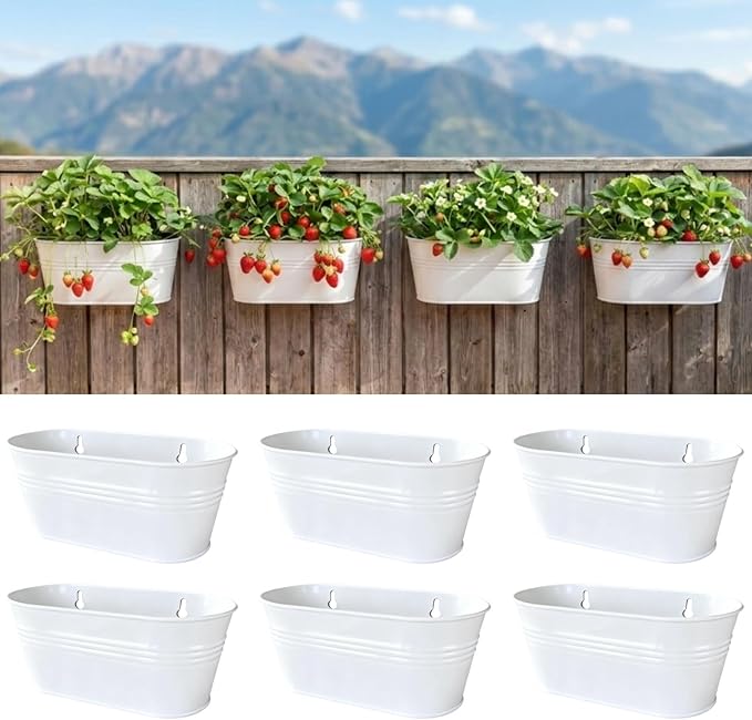 LaLaGreen Wall Planter (11.8 Inch, 6 Pack) White Oval Metal Pot Hanging Decor Flower Railing Fence Pots Mounted Indoor Plant Holder Porch Decorations Drainage Garden Plants Planters Balcony Home Yard