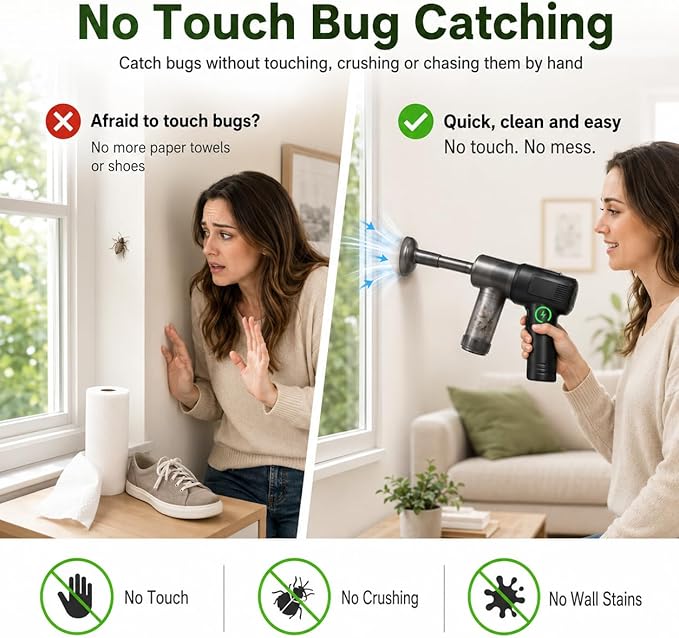2026 Bug Vacuum Catcher,Cordless Handheld Spider&Insect Catcher with Strong Suction,USB Rechargeable Bug Sucker for Stink Bugs,Moths,Cockroaches,Flies,Indoor Home Car Kitchen Use,Safe for Kids&Adults