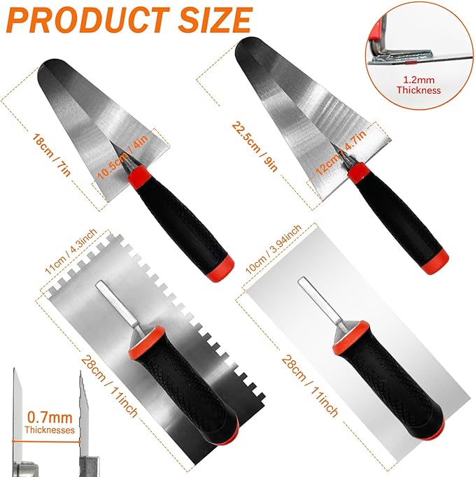 Concrete Masonry Trowel 4pcs/Set, High-Carbon Steel Plastering Bricklaying Tools for Drywall Concrete Includes Flat Trowels and Notched Trowels, Brick Trowels (Black-B Set)