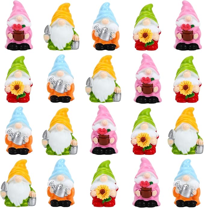 20Pcs Spring Mini Gnomes,Tiny Miniature Resin Spring Gnomes for Fairy Garden Accessories Landscape Outdoor Patio Yard Lawn and Aquarium Decorations for Home Dollhouse Desk
