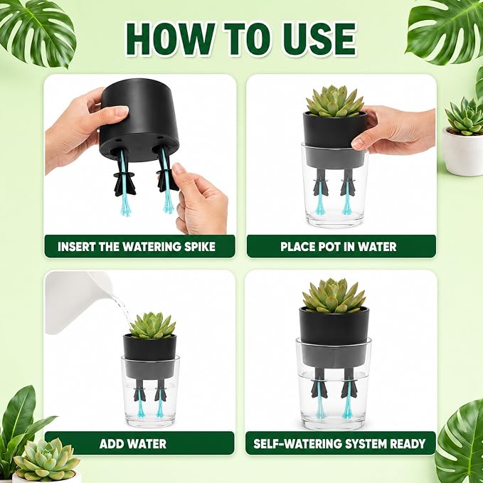 Self Watering Spikes for Indoor Plants, Automatic Plant Watering System for Vacation Care and Office Maintenance, 13-Piece Set with 12 Spikes and Absorbent Cotton Rope