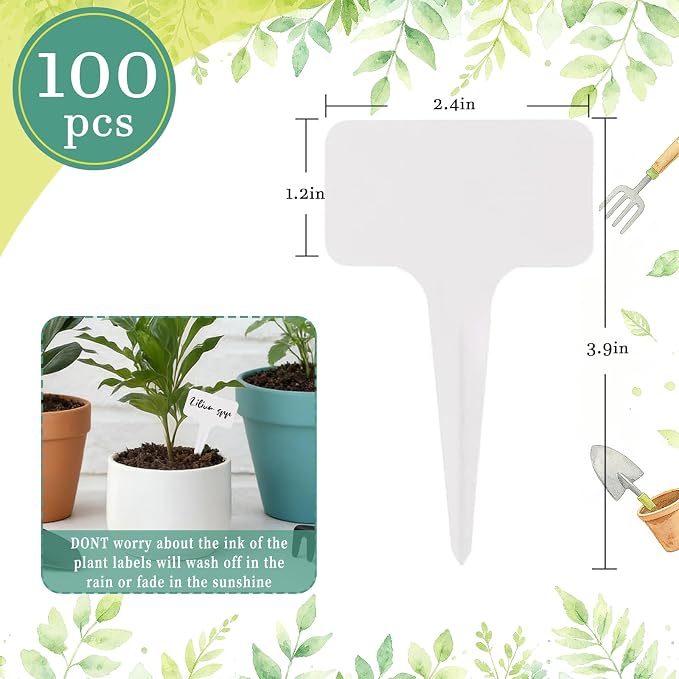 Whaline 100 Pcs Plastic Plant Labels White T-Type Garden Stake Tags Waterproof Plant Markers Reusable Plants Signs for Outdoor Indoor Nursery Potted Plants Seed with A Black Marker Pen (6 x 10 cm)