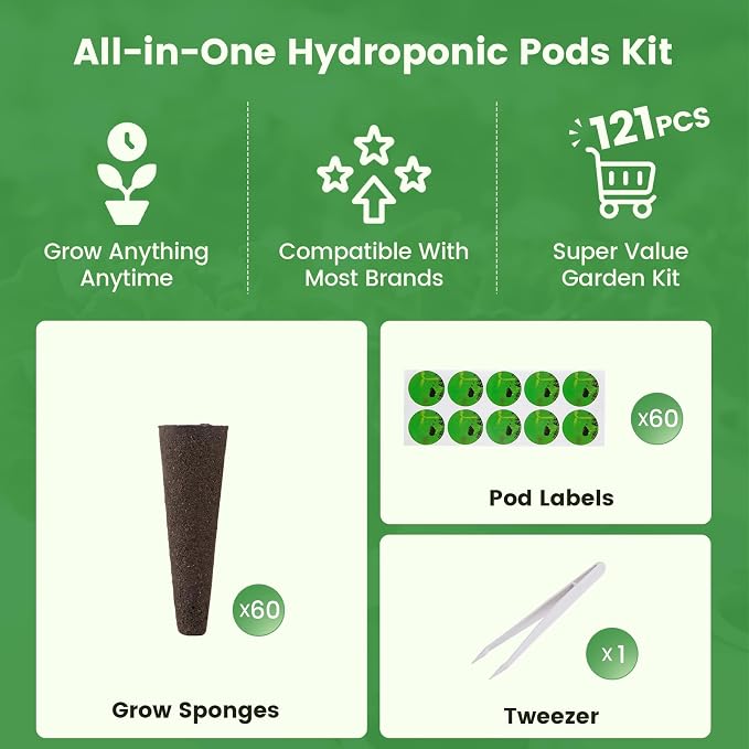 121Pcs Hydroponic Pods Kit, Compatible with AeroGarden, Grow Anything with 60 Grow Sponges, 60 Labels & 1 Tweezers, Indoor Hydroponic Supplies for Vegetables Herbs Lettuce