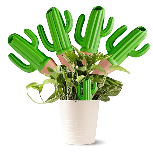 Joyeee 4 Pack Cactus Shaped Watering Spikes, Terracotta Self Watering Devices, Slow Release Waterer for Indoor Outdoor Potted Plants, Automatic Drip Irrigation for Vacations with 60ml Capacity, Green