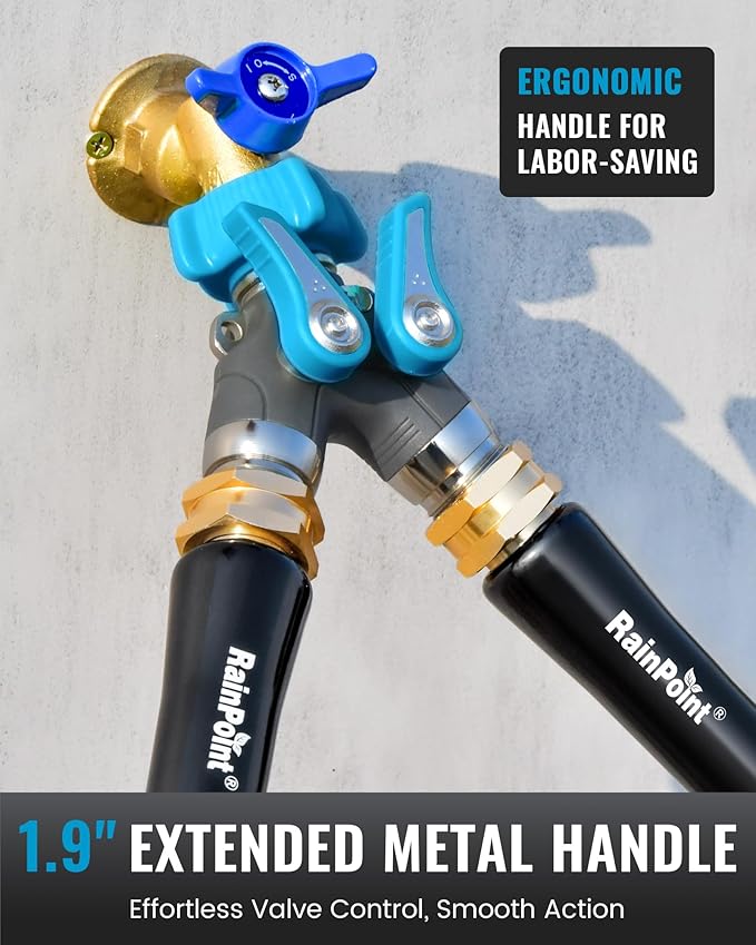 RAINPOINT Garden Hose Splitter 2 Way Heavy Duty,Water Hose Y Spigot Splitter with Shutoff Valves, 100% Metal Body Outdoor Spigot Splitter, 1.9" Extra Long Metal Handle, 3/4" GHT Thread(Blue)