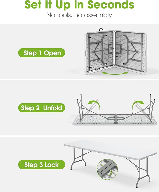 Pureegg 8FT Folding Table - No Assembly Required, Versatile Dining Table with Carrying Handle & Tabletop Safety Lock, Portable Foldable Table for Party, Craft, Camping, Picnic, White