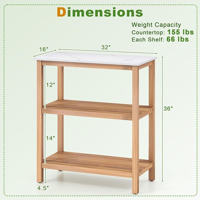 Giantex 3-Tier Outdoor Potting Bench, Acacia Wood Planting Workstation with Faux Marble Tabletop, Open Storage Shelves, 300LBS Capacity, Garden Potting Table for Horticulture