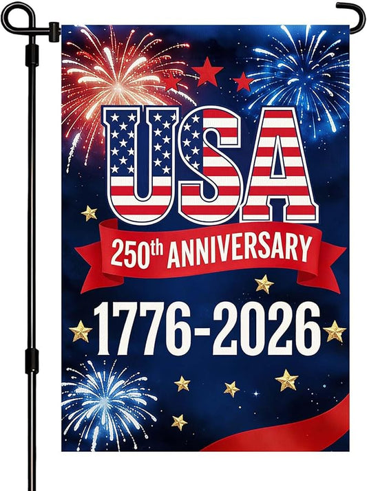 250 Anniversary USA Garden Flag, Double Sided Waterproof Patriotic USA Flag 1776-2026, Outdoor Yard Decor (12x18'')