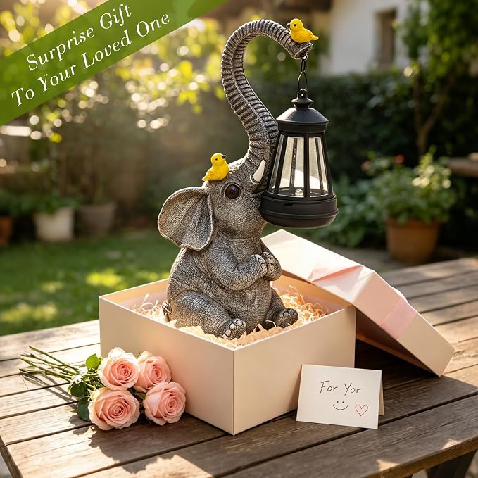 Solar Outdoor Garden Decor Elephant Statues Lights, Lucky Elephant Unique Mom Birthday Gifts for Mom, Housewarming Gifts and Yard Decoration