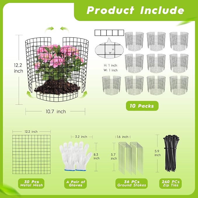 10 Pack Plant Protectors from Animals Wire Plant Protector Cage to Keep Animals Out with Zip Ties & Stakes, 30 Panels Bendable Metal Mesh for Flowers Vegetables