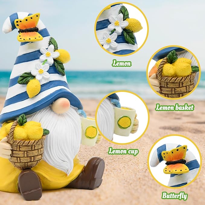Lemon Decor Summer Garden Gnome, Mediterranean Decor Resin Figurines, Lemon Party Decoration for Home Kitchen Office Tiered Tray, Summer Gnomes Gifts