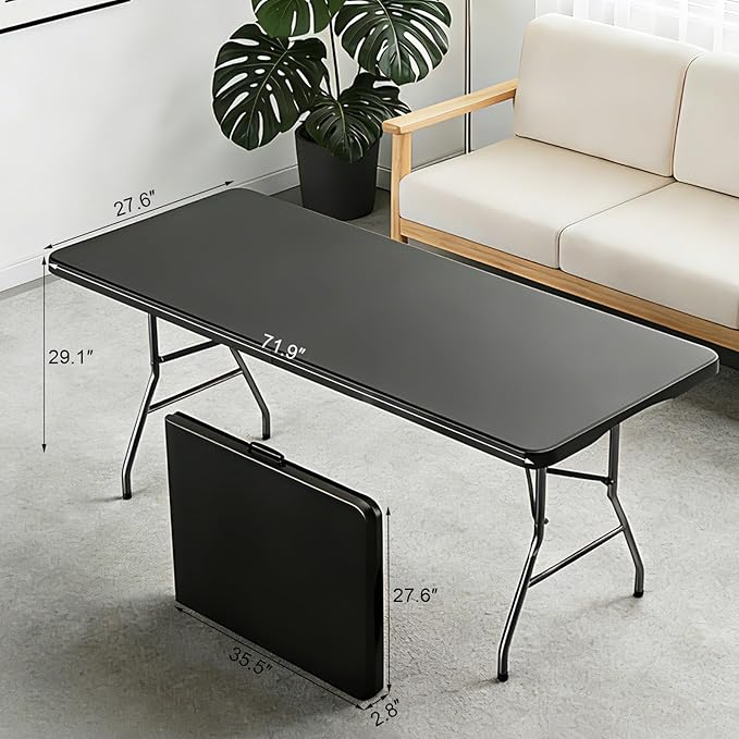 2 Pack 6FT Black Folding Table for Outdoor, 6 Foot Picnic Tables No Assembly Required Portable, Black Foldable Table for Camping, Parties, Meeting, Events, Wedding, with Carrying Handle