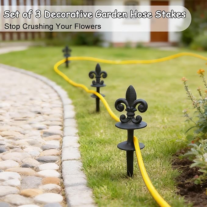 Black Metal Hose Guide Stakes, Cast Iron Fleur de Lis Decorative Garden Hose Guide Spikes for Lawn Protection, Set of 3