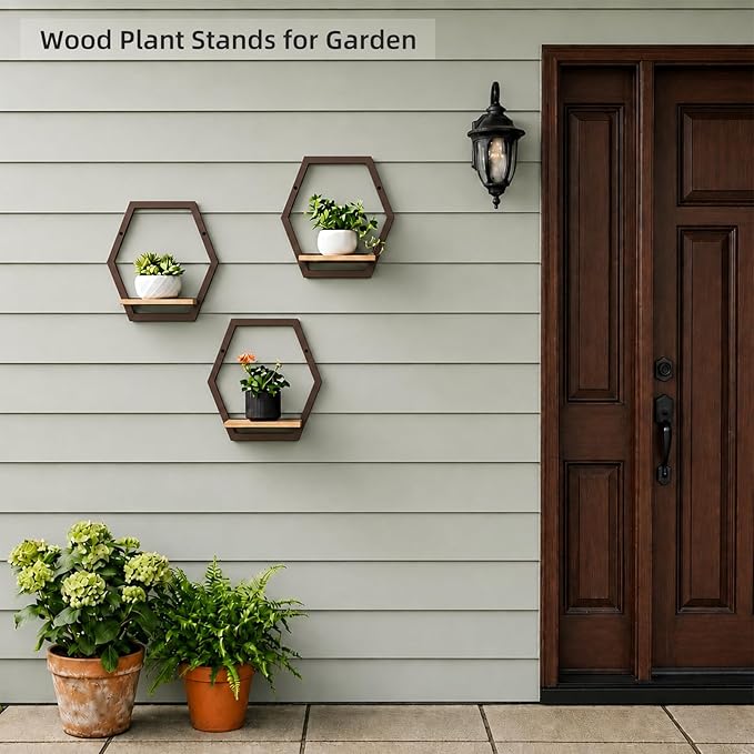 3 Pack Solid Wood & Metal Framework Wall Plant Stands,9 inch Natural Wood Shelf of Indoor,Mid Century Modern Hanging Planter for Outdoor Entryway 25 LB Load for Plants Coffee