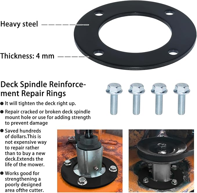 3 Pack Upgraded High-Strength Deck Spindle Reinforcement Rings with Mouting Bolts and L Shaped Angled Hex Socket Wrench for John Deere All Series Lawn Tractors and Lawn Mowers