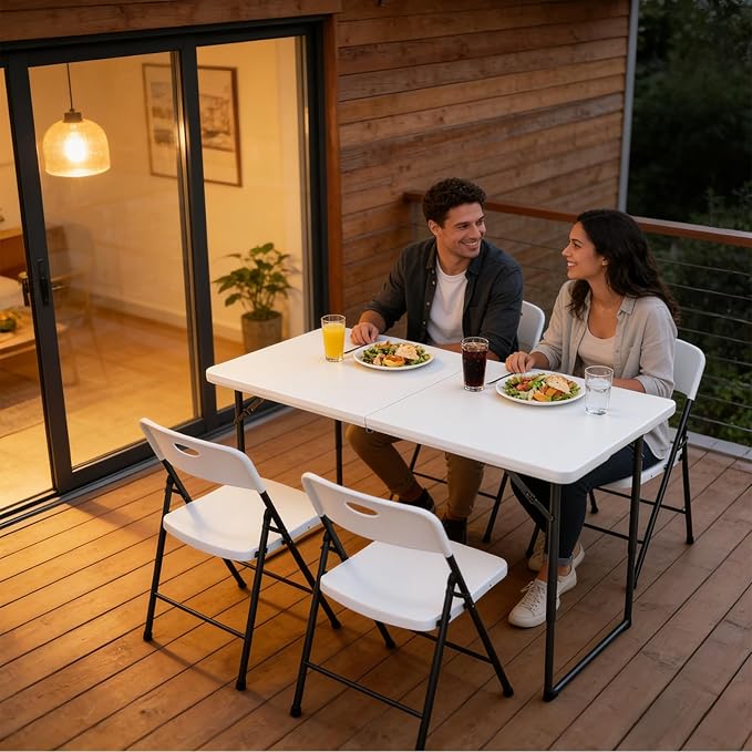 2 Pack Folding Table 4ft - Heavy Duty Fold-in-Half Plastic Table with Adjustable Height, Portable Utility Tables with Steel Legs for Indoor, Outdoor, Picnic, Camping, Dining, Party (White)