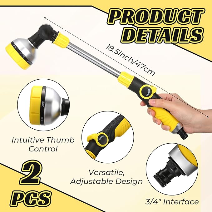 Hushee 2 Pack Watering Wand 18.5'' for Garden Hose, Thumb Flow Control 8 Spray Patterns 180° Swivel Head Lightweight Garden Hose Wand for Hanging Baskets Plants Lawn