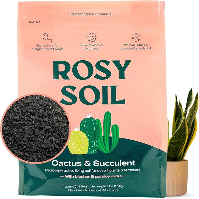 Rosy Soil Cactus Soil – Organic Succulent Potting Mix, Chunky Fast Draining, Peat-Free, Root Boosting Mix for AloeVera, Cacti, Indoor Succulents - 4qt