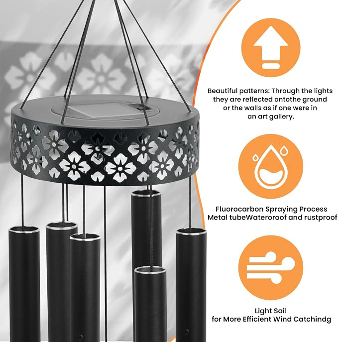 42" Solar Deep Tone Wind Chimes for Outside Clearance, Solar Large Metal Windchimes for Loss of Loved One, Memorial Heavy Duty Chimes Outdoor for Garden,Sympathy Gifts,Black