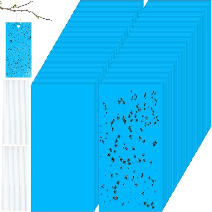 Qualirey 100 Pcs 7.87 x 3.9 Inch Blue Sticky Traps for Thrips Double Sided Sticky Trap for Gnats Plant,Thrips, Aphids, and Black Flies with Twist Ties,Indoor and Outdoor