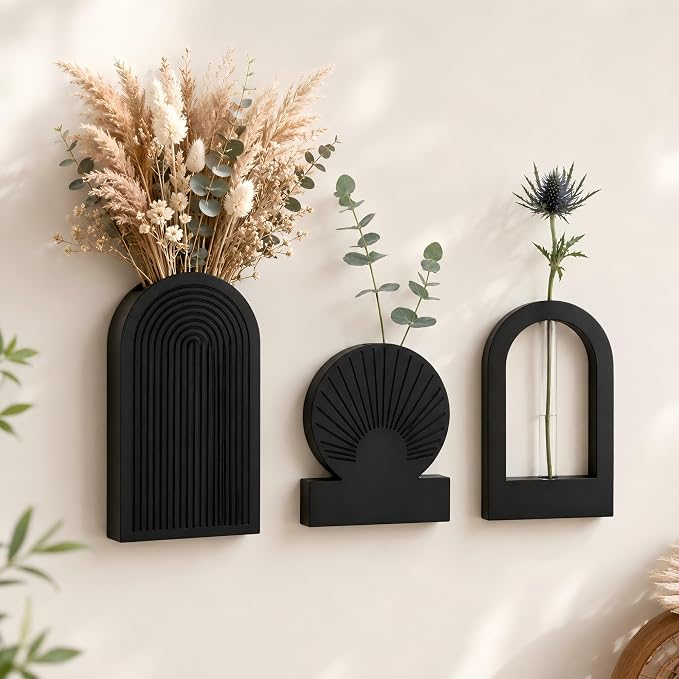 TBWIND Black Wooden Wall Vases for Flowers Set of 3, Propagation Planter with 2 Glass Tubes, Modern Farmhouse Hanging Wood Decor for Living Room, Entryway