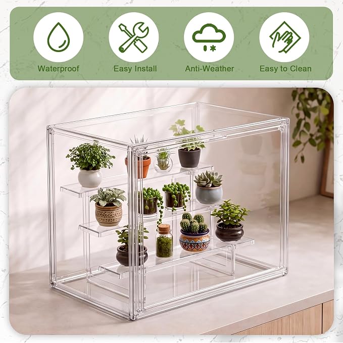 Novabright Mini Greenhouse Indoor, Clear Portable Tabletop Green House with Magnetic Door and 3-Layer Stand for Seed Starting, Plant Grow Warmer and Home Gardening Display, 14.1 x 10.6 x 9 in
