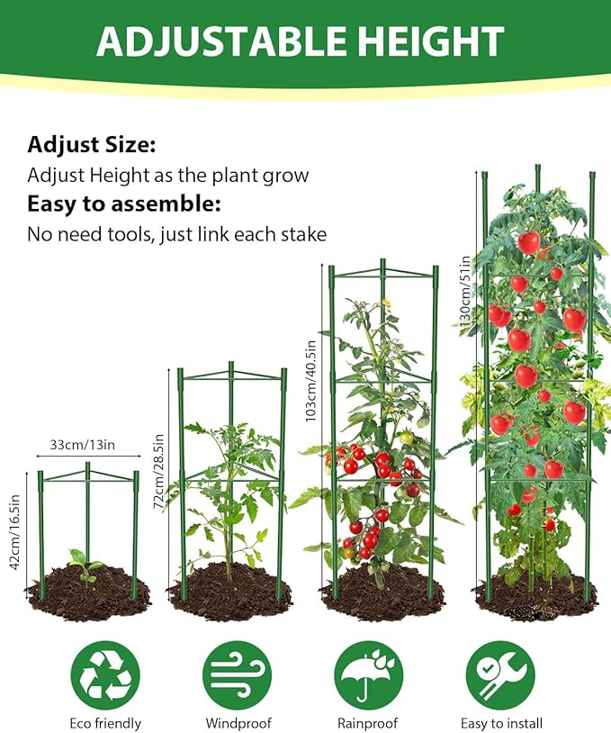 MYMULIKE 8 Pack Tomato Cages for Garden, 51in*13in Adjustable Tomatoes Plant Stakes Support Cages Trellis, Garden Trellis for Vegetable Flowers Fruits Climbing Plants- 20 Binding Wires Included