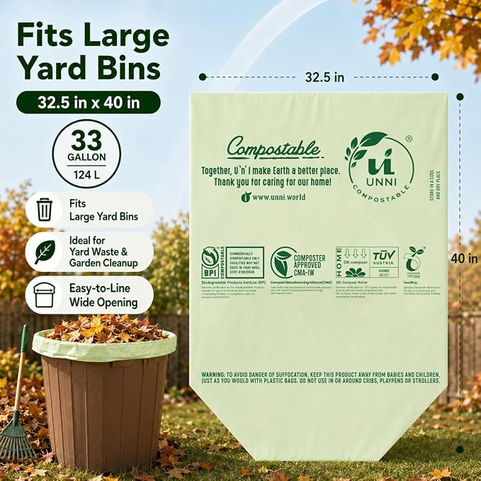 UNNI Compostable Lawn & Leaf Bags, 30-33 Gallon / 124 Liter, 20 Count, Extra Thick 1.1 mil Yard Waste & Food Scrap Liners, Certified by BPI, CMA & OK compost HOME, Meets the ASTM D6400 Standard