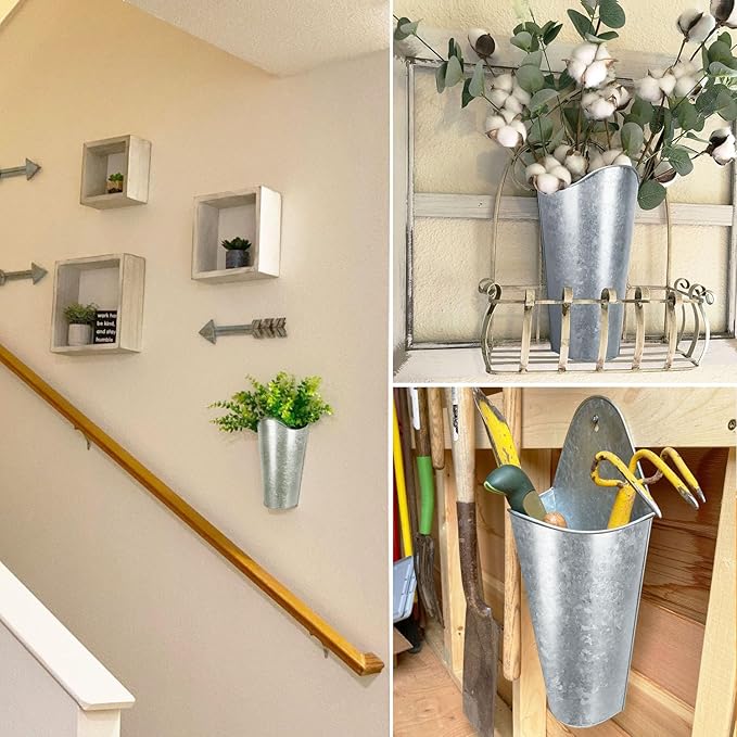 6 Pack 12 Inch Tall Galvanized Metal Wall Planter, Metal Wall Vases, Galvanized Hanging Wall Vase Planters for Flowers,Rustic Home Wall Decor, Farmhouse Decor