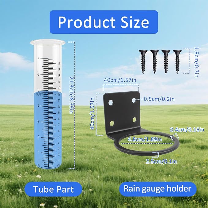 TBWHL 7" Capacity Rain Gauge Replacement Tube Glass with Stainless Steel Rack Holder, Decorative Rain Gauge Outdoor Measure Gauge for Yard Garden Fence Lawn Farm