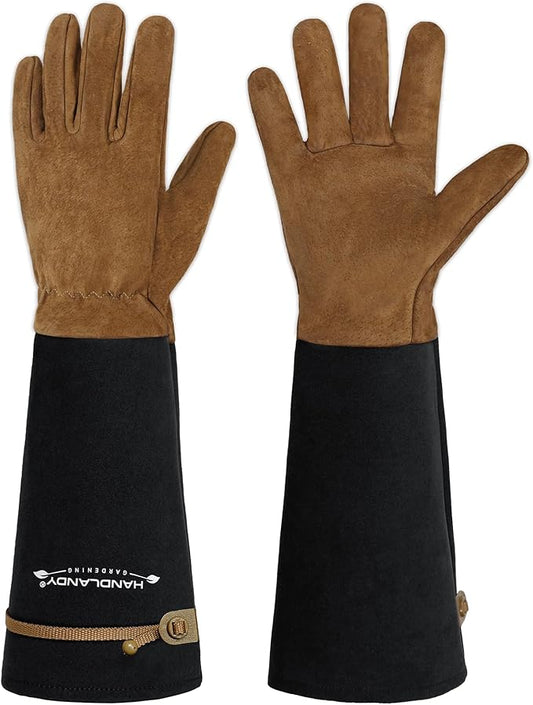 HANDLANDY Long Gardening Gloves for Men & Women, Pigskin Leather Rose Pruning Gloves, Breathable Thorn Proof Gauntlet Glove (Coffee Brown, S)