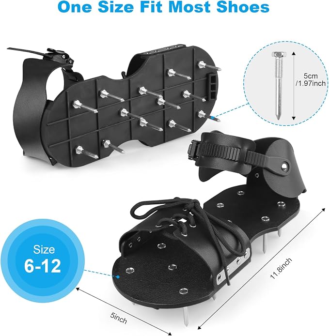 Lawn Aerator Shoes for Grass, Aerator Shoes with Adjustable Loop Strap, Grass Aerator Shoes with 26 Stainless Steel Nails, Aeration Shoes for Lawn Soil Aeration for Patios, Gardens (Light Black)