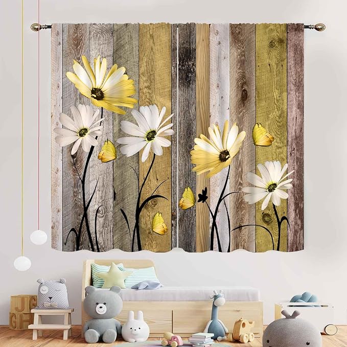 Farmhouse Daisy Curtains, Rustic Wooden Flower Retro Yellow White Floral Spring Butterfly Rural Country Style Window Curtains for Living Room Bedroom Kitchen Bathroom 2 Panels, 84"x84" Inch