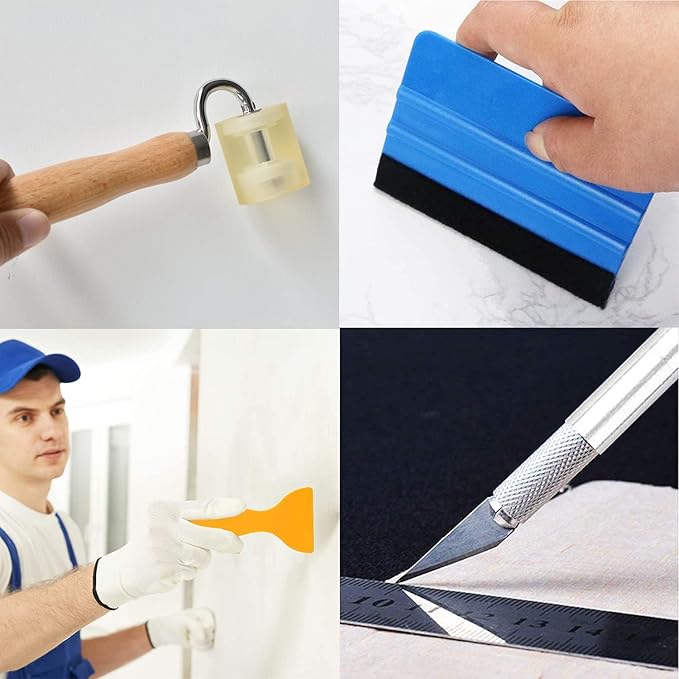 Adhesive Wallpaper Install Tool Kit with Double-sided Tape Measure, Craft Knife with 5 Blades, 3 Types of Scrapers, PU Hand Roller, for Wallpaper Window Film and Car Deadening Mats