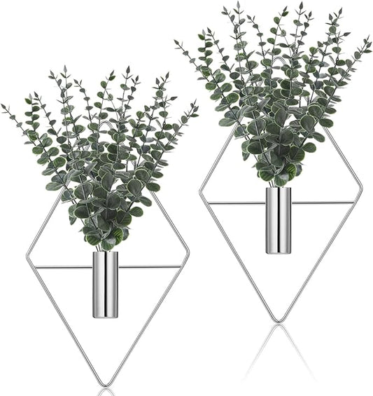 Jexine 8 Pcs Hanging Planters with Artificial Eucalyptus Metal Hanging Vase Indoor Plants Holder Modern Geometric Boho Bathroom Wall Decor for Living Room Home Office (Eucalyptus,Chrome Sliver)