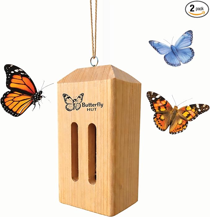 Butterfly House Outdoor Wooden Butterfly Shelter – 1 or 2 Pack Butterfly Houses for Garden, Yard, Fence, Tree or Post – Insect House Habitat for Butterflies – Decorative Garden Box – Made in USA