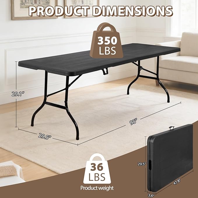 SUPER DEAL 8FT Folding Picnic Table for Indoor Outdoor, Portable Fold-in-Half Plastic Dining Camping Party Table with Carrying Handle, Black