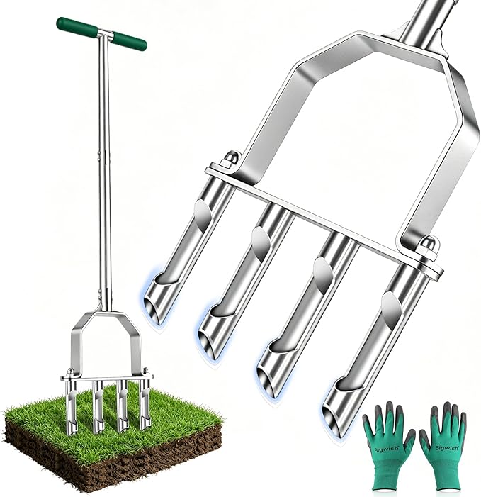 Stainless Steel Aerator Lawn Tool with 4 Heavy-Duty Hollow Tines,Anti-Clogging Core Aerator,Ergonomic Design Lawn Aerator,Semi-Assembled Lawn Aerator Tool for Lawn Garden Yard Patio