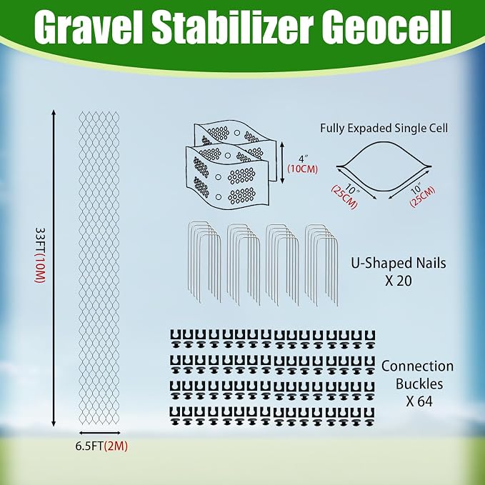 4" Thick Gravel Ground Grid 6.5ft x 33ft - Geo Grid Driveway Stabilization Grids, Gravel Retainer Grid 1885 LBS Per Sq ft, Geocell Geogrid for Walkway Driving RV Parking Slopes and Garden