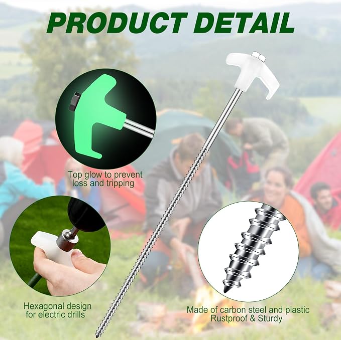 Hicarer 10 Pcs 12 Inch Tent Stakes Screw in Camping Stakes Heavy Duty Metal Spikes Ground Anchor Peg Threaded Tent Spikes with Hex Head Driver for Camping Garden Inflatable (Luminous White)